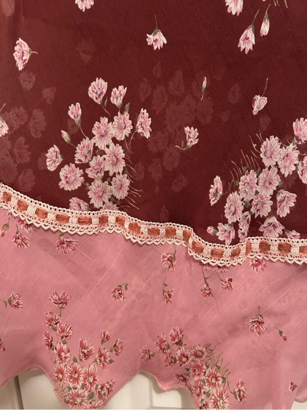 Vintage Sandro Burgundy Floral Midi Slip Skirt with Pink Accents - Picture 3 of 7